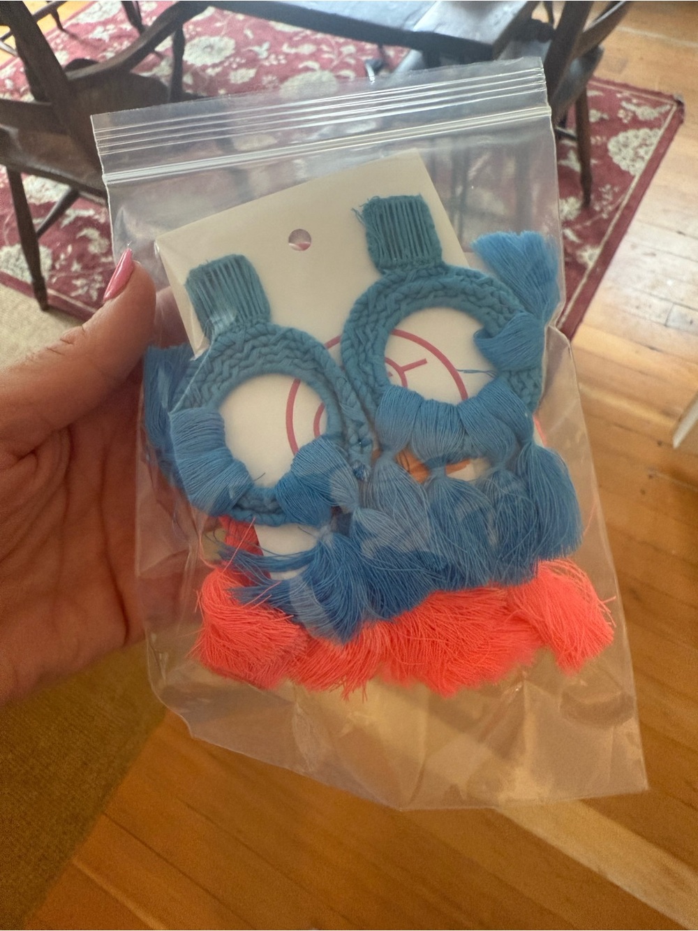 Blue and Coral Tassel Fringe Hoop Earrings